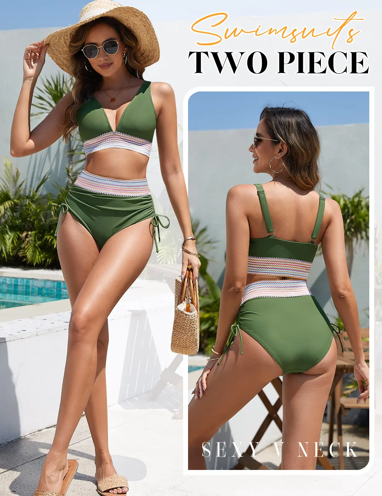 HEEKPEK Women High Waisted V Neck Bikini Set Tummy Control Swimsuits Color Block Two Piece Drawstring Bathing Suit #SummerWins #SwimWeek #DealsForYouDays