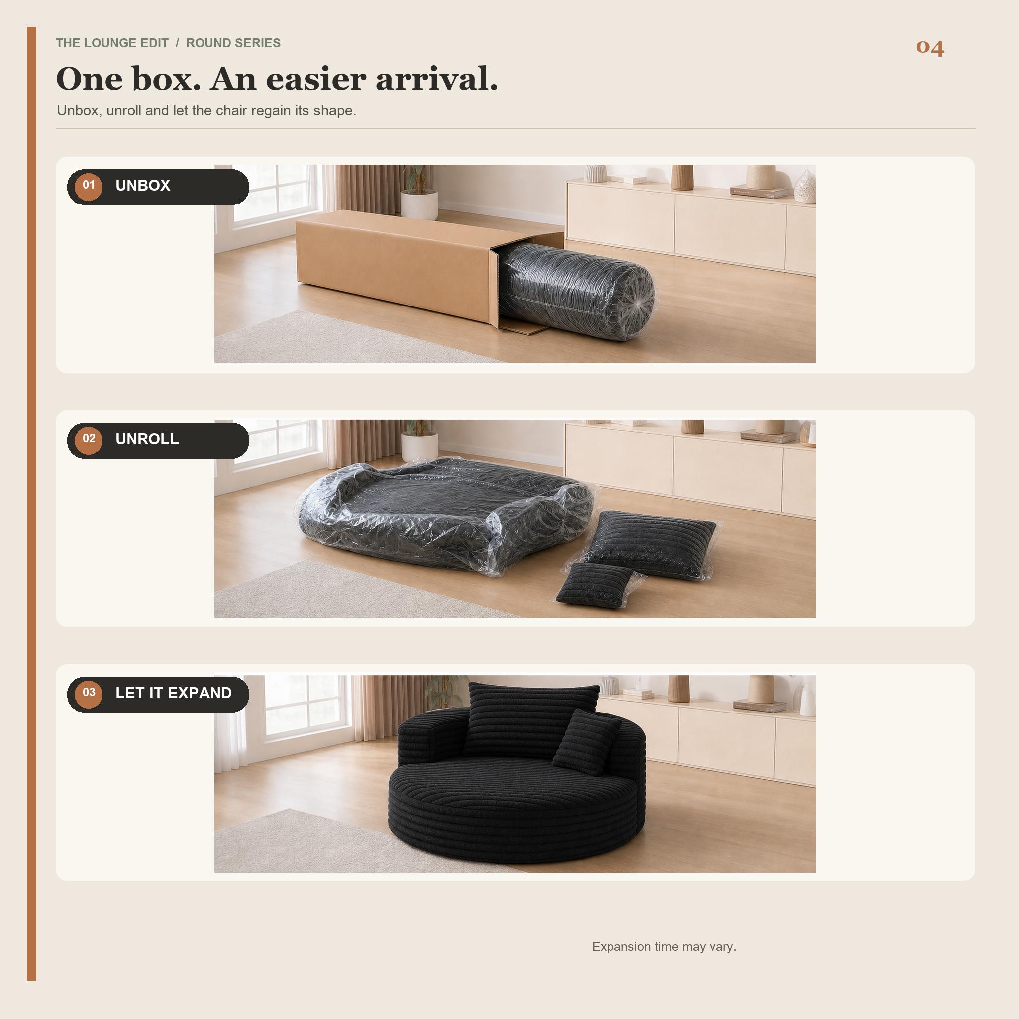50in Round Lounge Chair Sofa, No-Assembly Compressed Cloud Floor Couch with Deep Seat, Soft corduroy, Backrest & Throw Pillows for Adults, Bedroom and Apartment