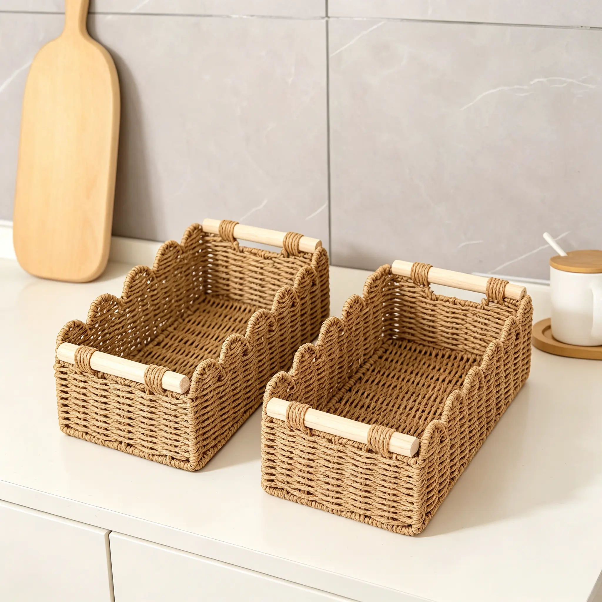 Handwoven Storage Basket with Scalloped Edge Design, for Vanity Countertop, Bathroom Bedroom Kitchen Decor Organizer Brown Weaving