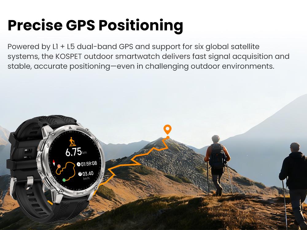 KOSPET Tank T4C Smart Watch for Men with LED Flashlight, 1.5” AMOLED Display, Dual-Band GPS&Compass, 50-Days Battery, 24/7 Heart Rate/Sleep Monitor, 50m Waterproof, Bluetooth Call/Walkie-Talkie