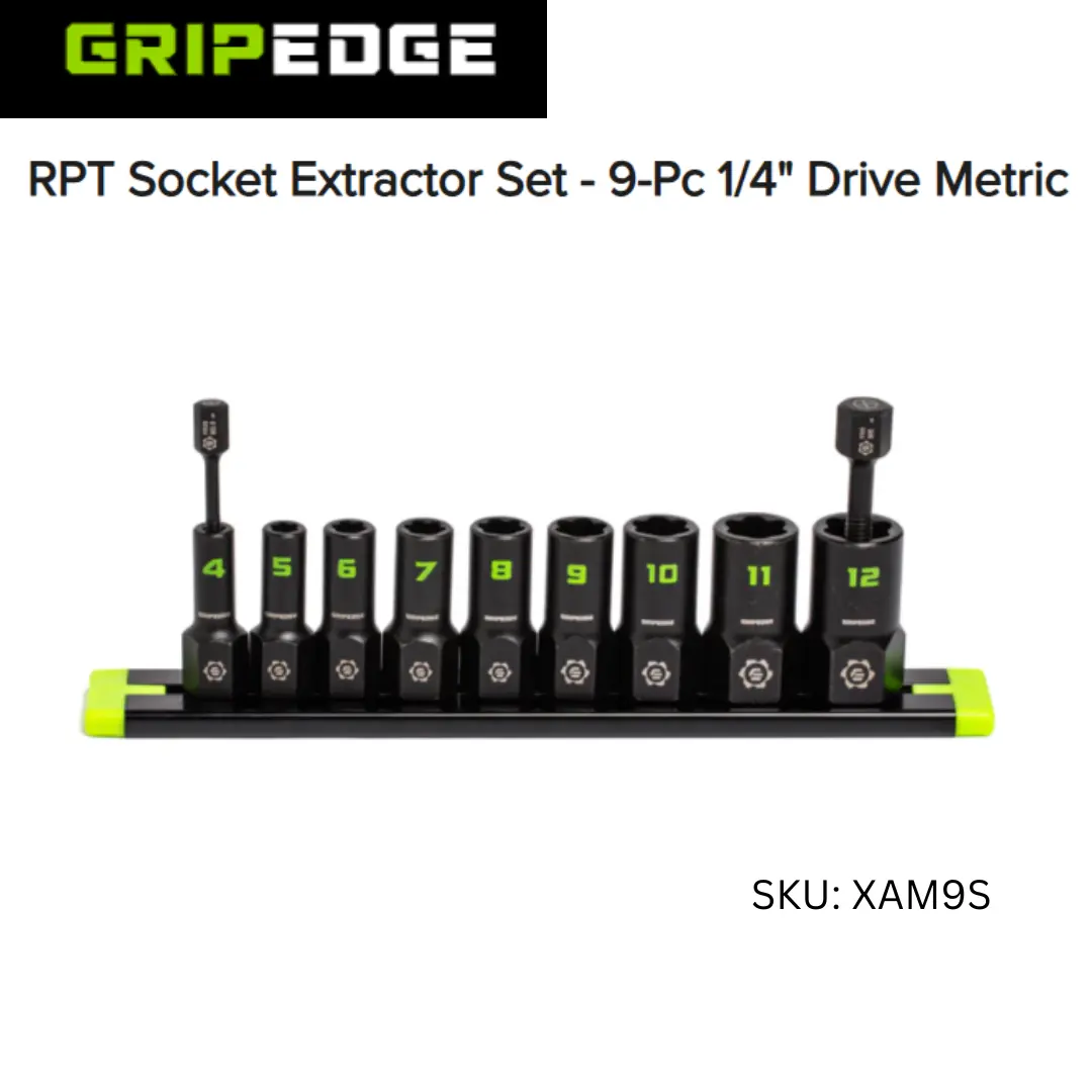 Gripedge RPT Socket Extractor Set - 9-Pc, 1/4" Drive, Metric Sizes, Laser Marking, Non Tapered Geometry, Push Rod, Bi-Directional Hand Tool