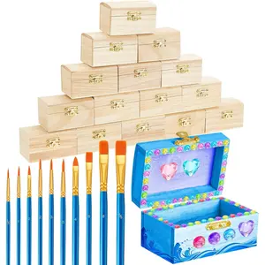 15 count Small Wooden Boxes with Hinged  3.5 x 2.2 x 1.9 Inch Unfinished Wooden Treasure Chest Box 10 count  Brushes with 2 Sheets Craft  Self Adhesive Rhinestones Stickers