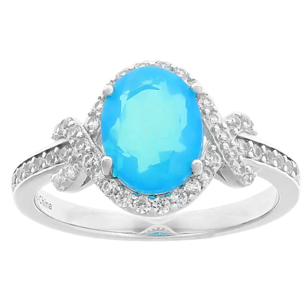 JTV Oval Shape Paraiba Blue Opal Rhodium-Plated Sterling Silver Jewelry Ring, 1.60ctw