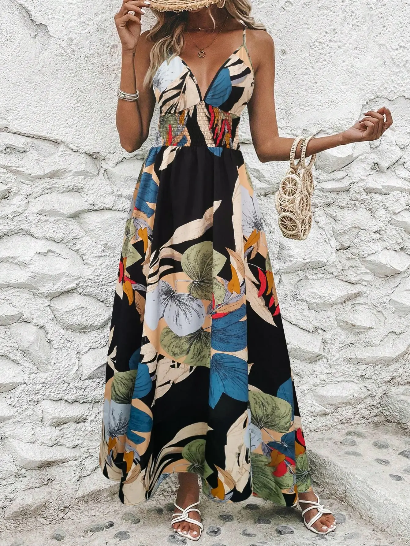 Women's Tropical Print Maxi Dress - Lightweight Bohemian Fabric for Casual Summer Beach Wear with Adjustable Criss Cross Straps, Style with Hats, Sleeveless, Leaf, Spaghetti