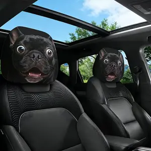 2-piece set, astonishing black bulldog cartoon print car headrest cover, unique interior trend decoration, no material filling, suitable for long-distance driving trips and leisure outings, perfect for car-themed funny decorations
