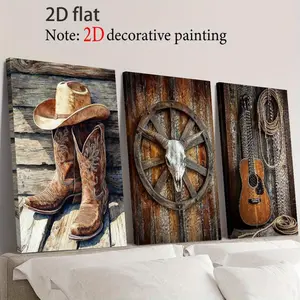 2D Flat, Modern Home Decor, 3 Pieces Wooden Frame Canvas Art, Vintage Wooden Board Style Cowboy Art, Western Cowboy Hat and Cowboy Boots Painting, Cow Head and Western Carriage Wheel Wall Art, Suitable for Home Wall Decoration
