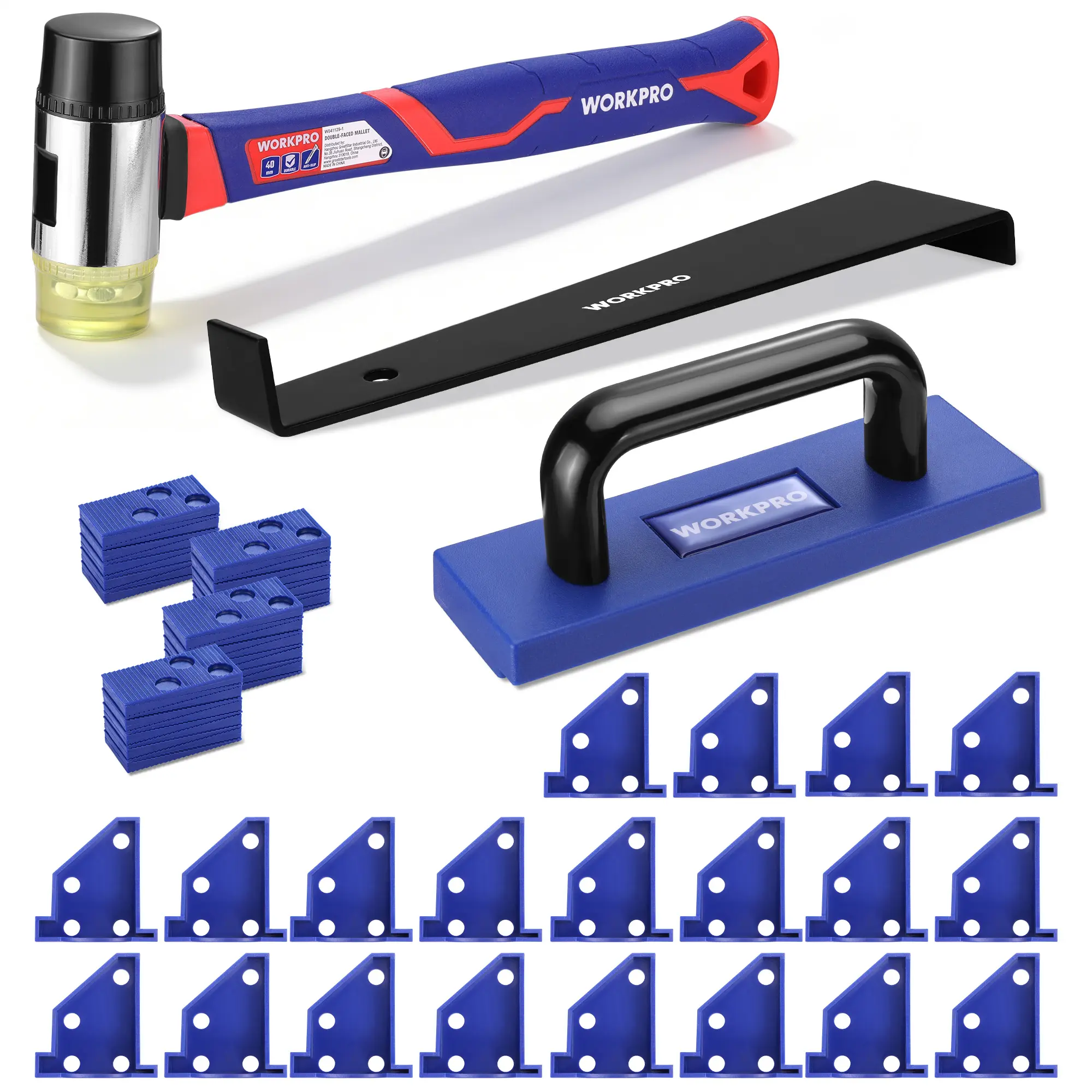 #backtoschool WORKPRO 63-Piece Laminate Flooring Tools, 5-in-1 Vinyl & LVP Flooring Installation Kit with Tapping Block with Handle, Heavy Duty Pull Bar, Double-Faced Mallet & 60-Piece Spacers for Pros & DIY Users