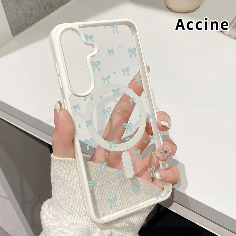 Magnetic Case Compatible with Galaxy S23 Ultra S24 Plus S25 S22+ FE Green Bow Tie Pattern Acrylic Transparent Anti-Scratch wireless charging compatible Phone Back Cover for Girl