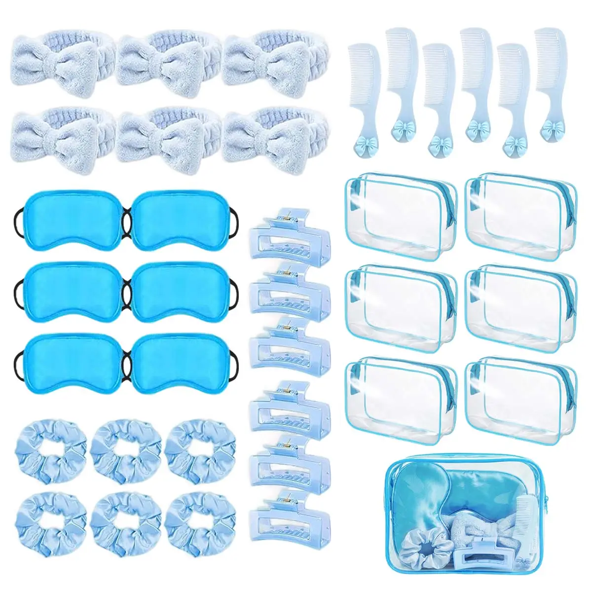 36pcs Sleepover Party Supplies 6 Pink Spa Headband 6 Pink Plush Sleep Eye Mask 6 Velvet Scrunchies 12 Wristband 6 Clear Cosmetic Bags for Slumber Spa Party Favor Gift Skincare Makeup for Christmas, Newyear, Valentine, Party Events