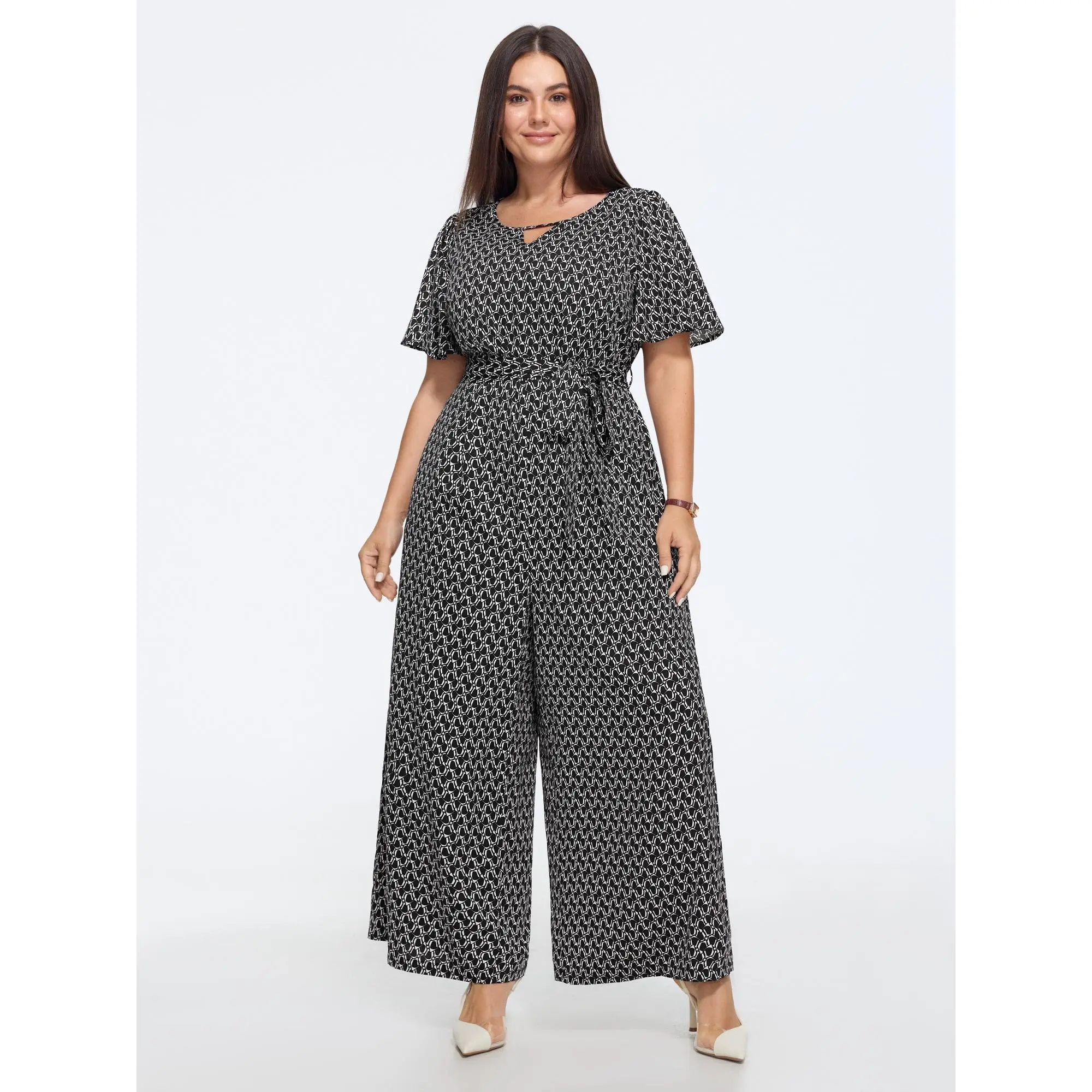 BLOOMCHIC Women's Plus Size Polyester Geometric Print Waist-Tie Wide-Leg Overalls, Pocket Design, Flattering Fit Jumpsuit [M-6X] 2026 Summer Finds