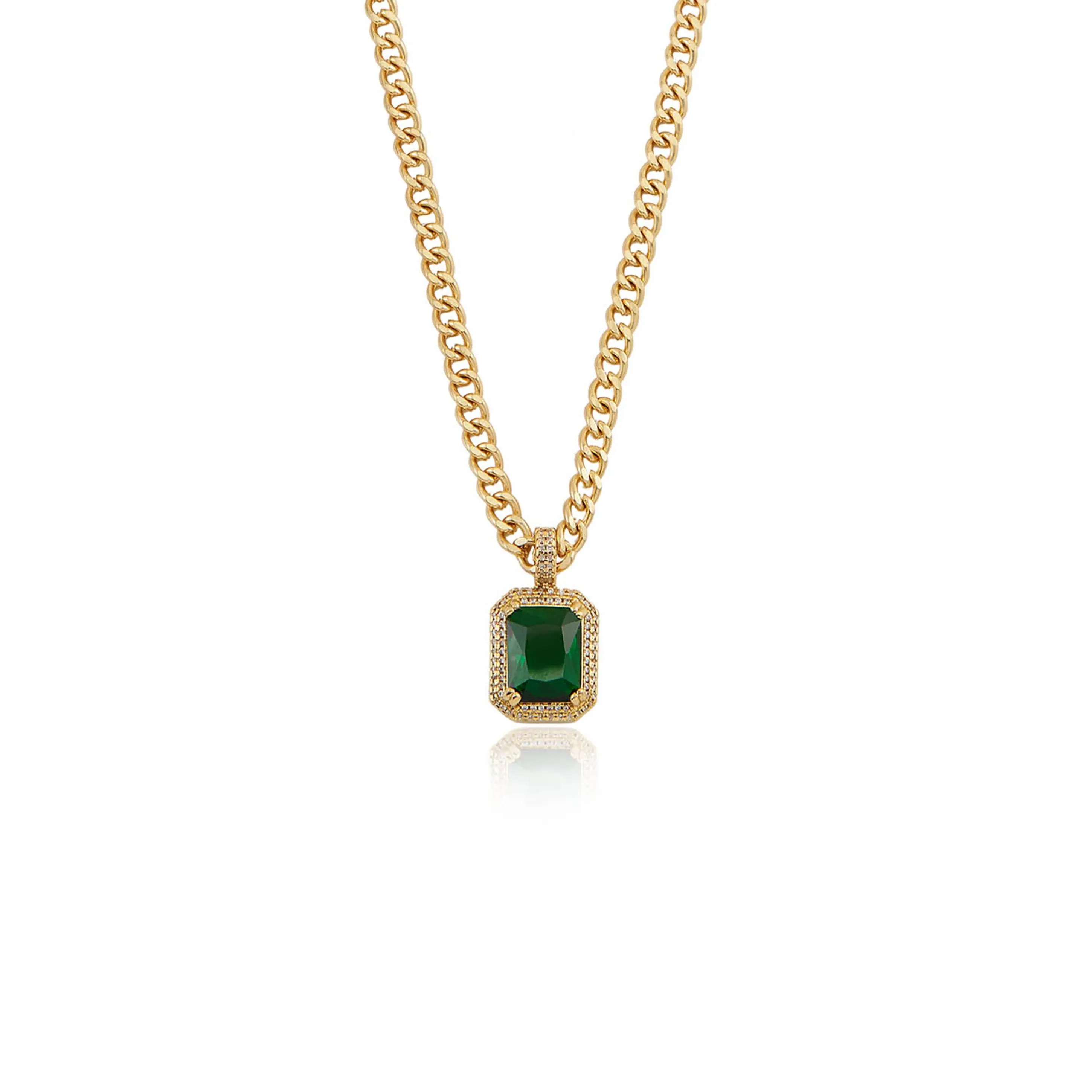 Ettika Emerald Stone Pendant Link Necklace in Gold Tone Plated Steel with Alexandrite Stone for Adults 16" Length with 5" Extender