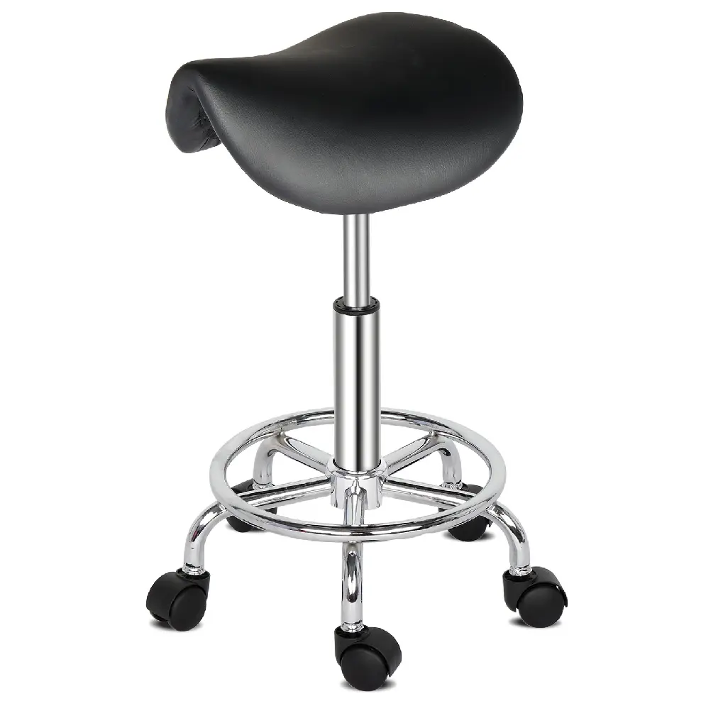 CalidoCasa Sturdy Plastic Rolling Saddle Stool - 1 × Saddle Stool, Height-Adjustable Ergonomic PU Leather Foam Seat, 360° Swivel, 330lb Capacity Commercial Furniture for Beauticians, Single, Rolling Stool
