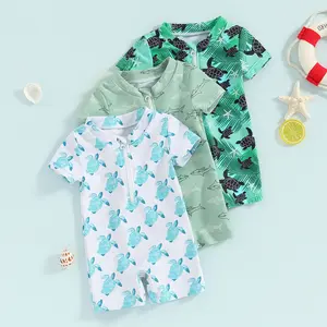 Toddler Boys Rash Guard Swimsuit Zipper Short Sleeve Turtle/Shark Print Kids Bathing Suit Baby Swimwear