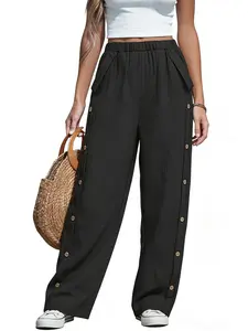 Fashion Curve Plus Size Beige Button-Accent Cropped Pants, Womenswear Casual Basic Solid Loose-Fit Elastic Waist Trousers, Trendy Summer Street Style Outfit, Vacation Beach Bottoms, Casual Streetwear Pants