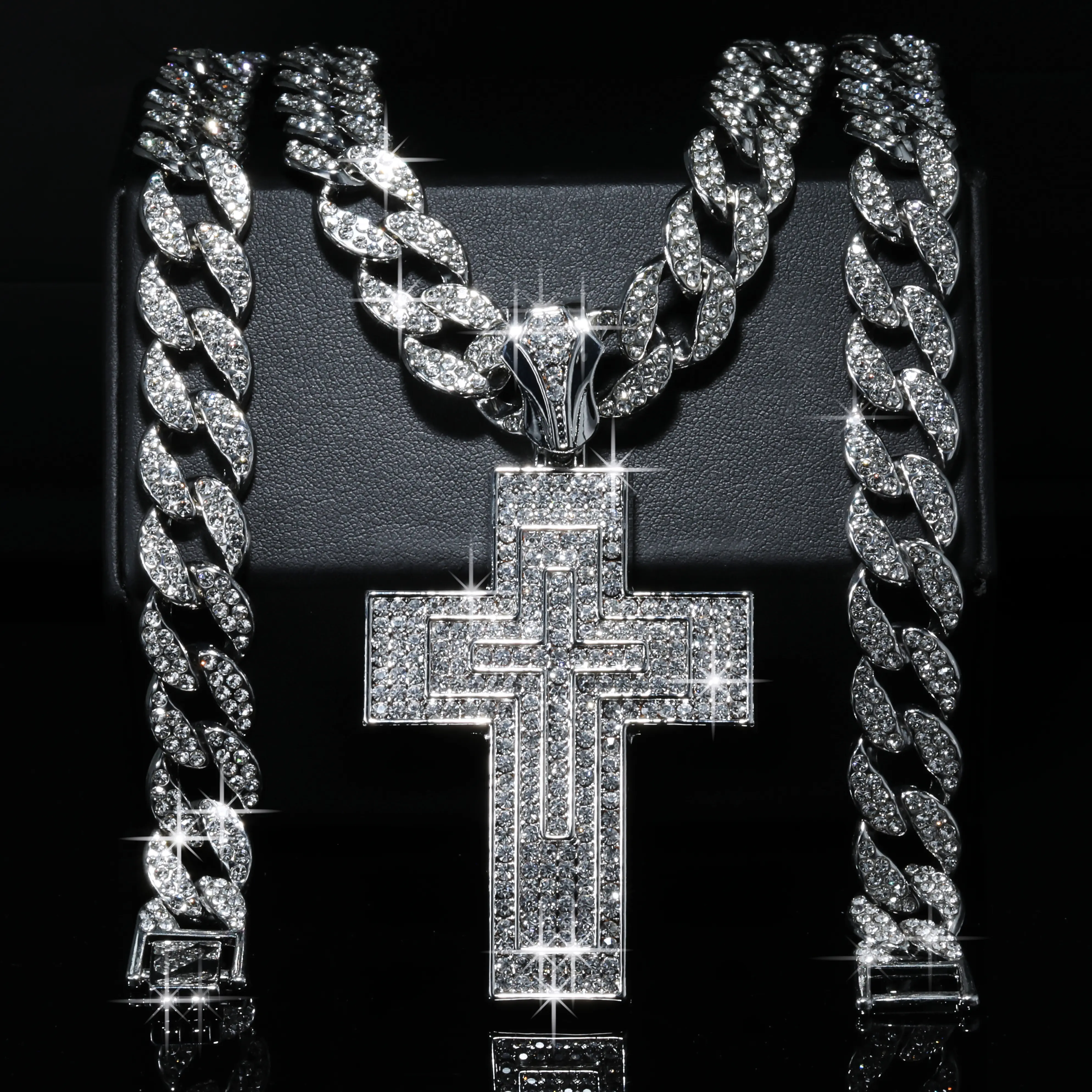 Blingkingstar - Men's Iced Silver-Plated Large Latin Cross Pendant & 10mm Cuban Link Chain Necklace 10mm - 20", 24" & 30"Inch, High-Quality Polished Finish, Religious Adult Jewelry, Fashion Accessory Chain Gift, DiamondChains, Accessories