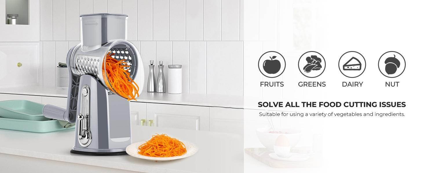 SUSTEAS Rotary Food Cheese Grater with 5 Replaceable 18/10 Stainless Steel Blades, Built-in Strong Suction Base, Kitchen Utensils Kitchenware Modern Vegetable Cutting Home Cooking Mandoline Slicer Grey SUSTEAS Rotary Food Cheese Grater with 5 Replaceable 18/10 Stainless Steel Blades, Built-in Strong Suction Base, Kitchen Utensils Kitchenware Modern Vegetable Cutting Home Cooking Mandoline Slicer Grey