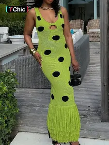 Women's Knit Polka Dot Sleeveless Bodycon Dress, Sexy Hollow Out V Neck Slim Fit Tassel Long Dress, Street Casual Wear Fashion Lady Clothing