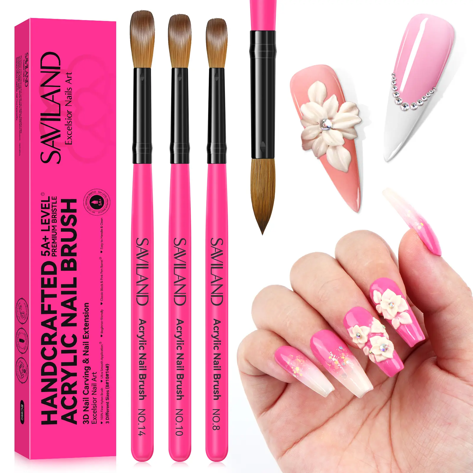 SAVILAND Acrylic Nail Brushes Set (Sizes 8, 10, 14): Professional Acrylic Powder Nail Extensions 3D Carving For home Salon Use in Manicures Nail Art