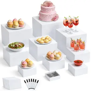 10Pcs White Acrylic Buffet Risers and Stands,Dessert Table Display Set ,Food Risers for Buffet Table Party Wedding Jewelry Collectibles, Acrylic Cube Nesting Boxes Hollow Bottoms with Mini Sign and Marker, (10" 9" 8" 7" 6" 5" 5" 4" 4" 3")