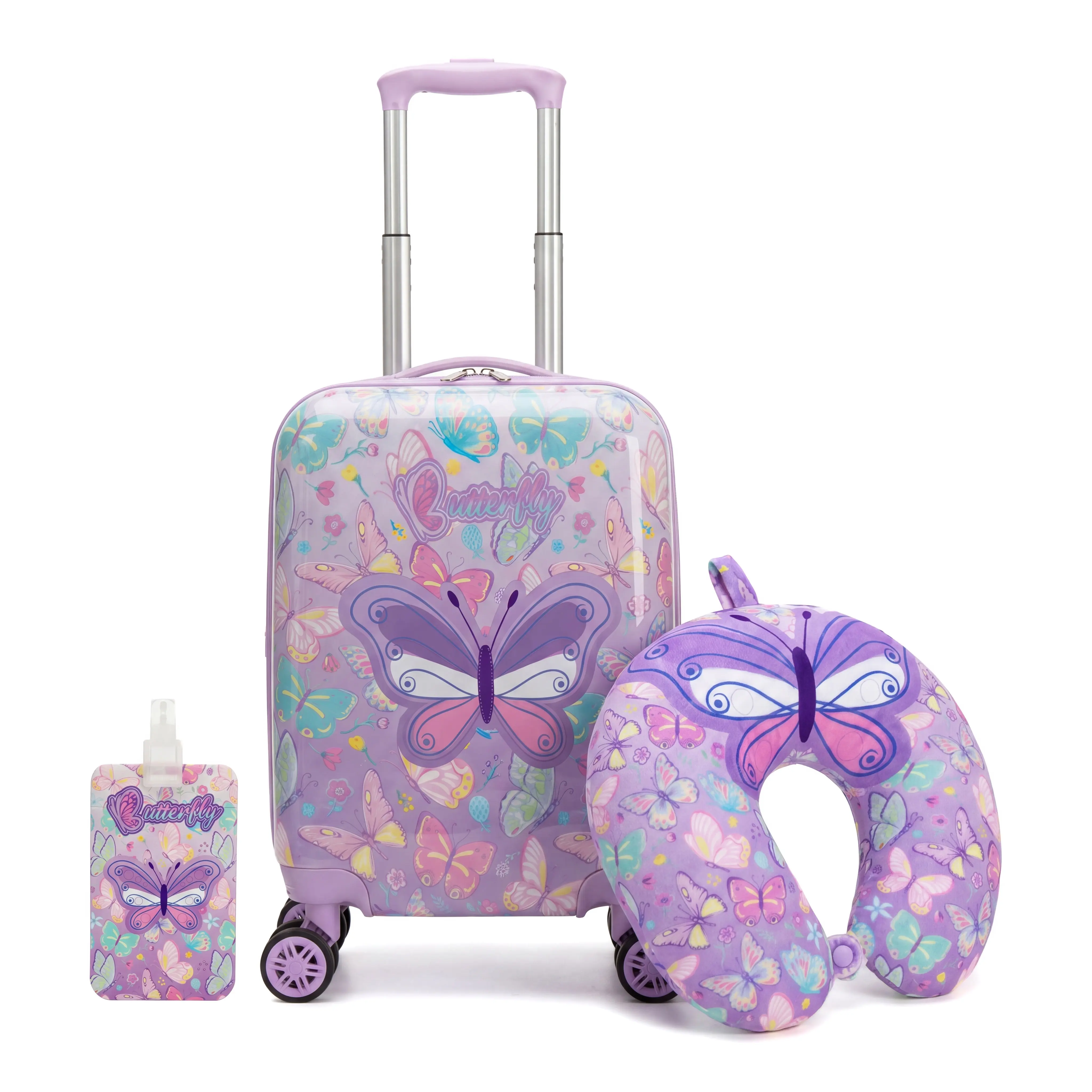 Girls' Luggage Sets, Whimsical Butterflies 3-Piece Hard-Shell Suitcase Set with Spinner Wheels, Pillow & Tag for Family Trips, Back To School Haul, Pastel, Birthdays, Zipper, Sleepovers, Travel, Abs Plastic, 4 Wheels 360 Rotation