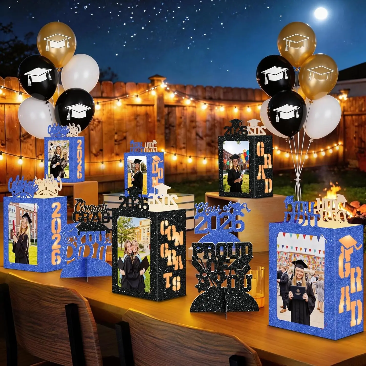 10 Pcs 2026 Graduation Table Decorations Boxes Black Blue Photo Display Graduation Centerpieces Picture Frames Props with String Lights for Class of 2026 School College Congrats Grad Party Supplies