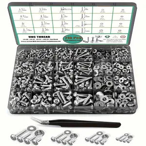 HomeDailyEss 710-piece set of nuts and bolts, with sizes ranging from #4 to #10, featuring a cross-slot head and flat washers. All the parts are packed in sturdy storage boxes.