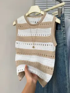 Women's Spring/Summer Crew Neck Striped Colorblock Hollow Out Sweater Vest Casual Everyday Cute Sleeveless Lightweight Stylish Fashion Knit Vest, Fitted, Women Summer Top, Cute Summer Tops for Women, Summer Sweater Vest, Summer Knitwear, Womenswear