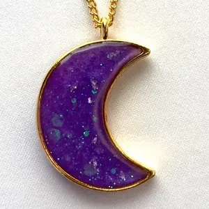 Moon Opal Crescent Pendant Necklace – Celestial Purple Galaxy Charm in Gold