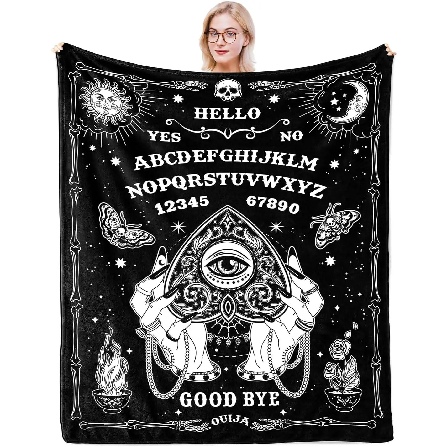 Solzien Black Ouija Board Throw Blanket 50"x60" - Microfiber Flannel Plush, Wrinkle-Resistant, Durable, Fade-Resistant, Gothic Skull, Halloween Decorations, Machine Washable, Indoor Home Supplies, Family Gift