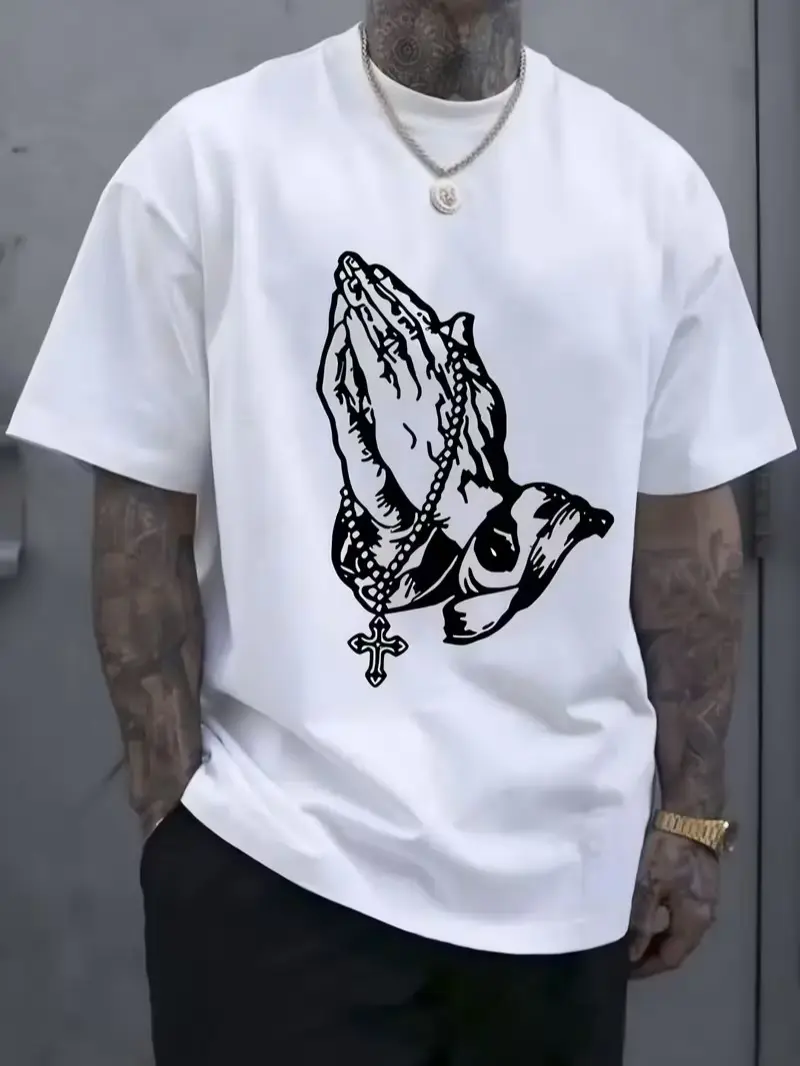 Men's Pray Print - Short Sleeve T-Shirt Relaxed Fit - Breathable Summer Tee with Bold Black Graphic Design - Machine Washable Casual Shirt for Casual Attire, Leisure Apparel, Round Neck Tee