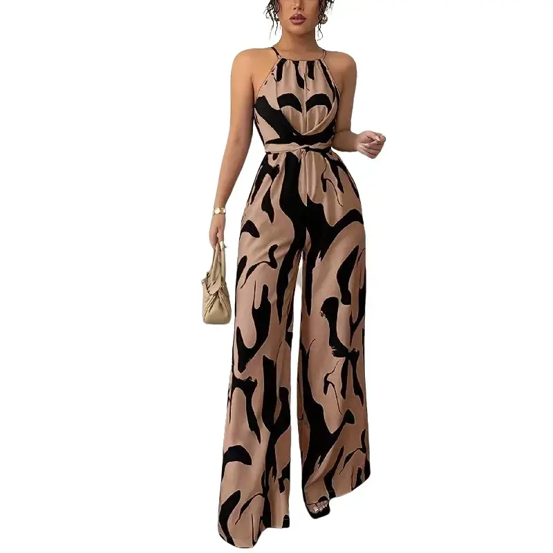 Summervibes Women's European and American Style Halter Backless Abstract Printed High Waist Slim Wide Leg Vacation Jumpsuit Overalls Womenswear Casual Chic