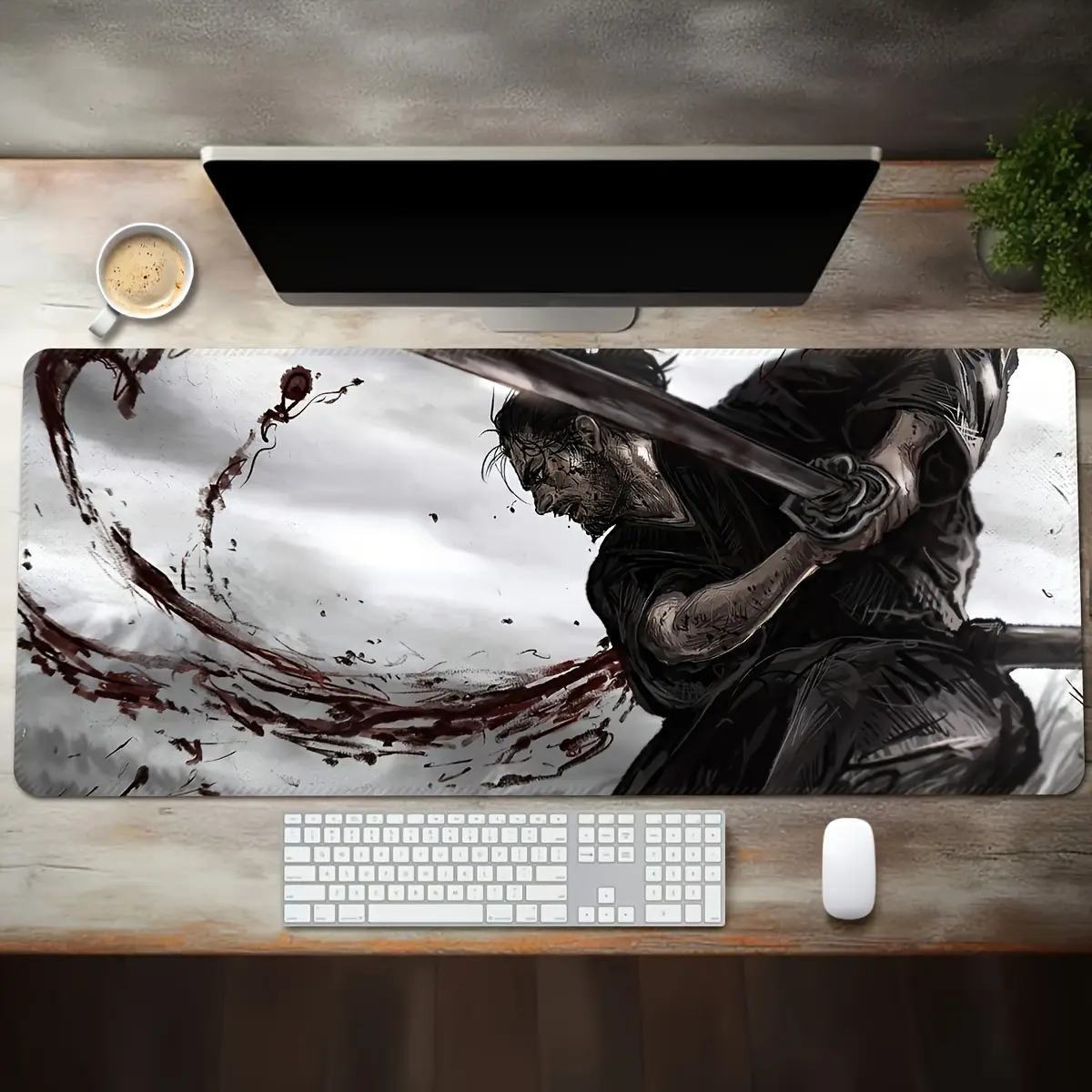 XXL Gaming Mouse Pad with Sword Shadow Dark Fantasy Design - Non-Slip Rubber Base & Precision Stitched Edges, Large Extended Desk Mat for PC, Computer, Office & PC Gamers, Manga-Inspired Warrior Sword Artwork (Washable Surface