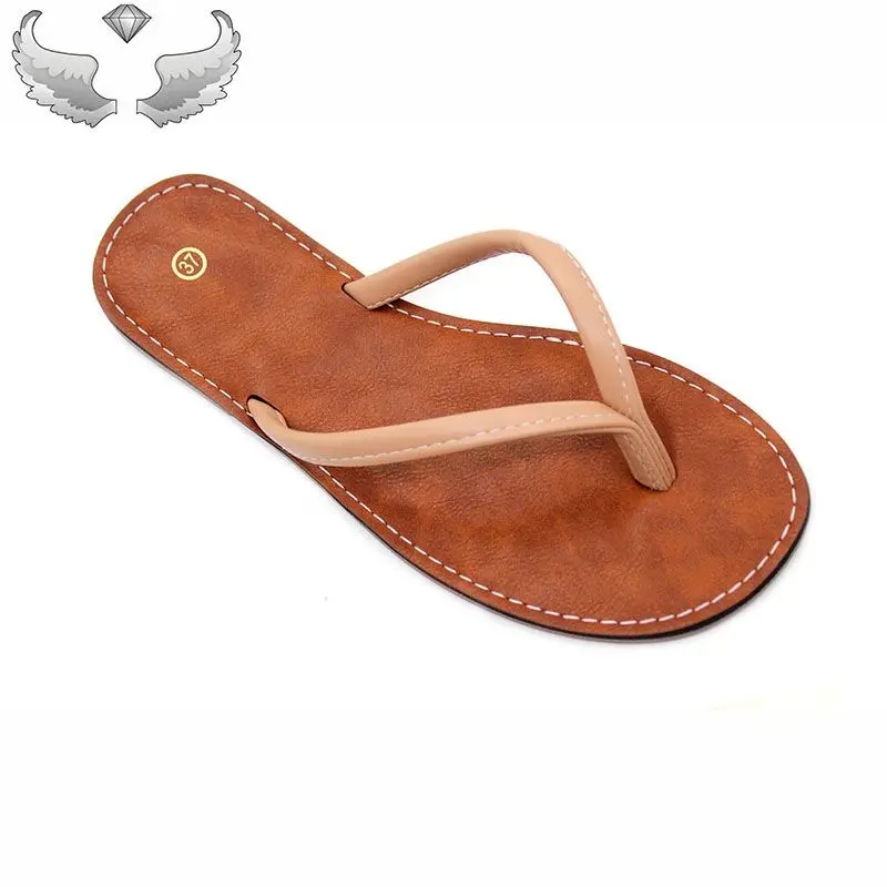 Women's Flat Leather Thong Sandals - Elegant Strap, Soft Sole, White Stitching, Letter Pattern, Open Toe, 1 Cm Or Less Heel, Brown Casual Footwear