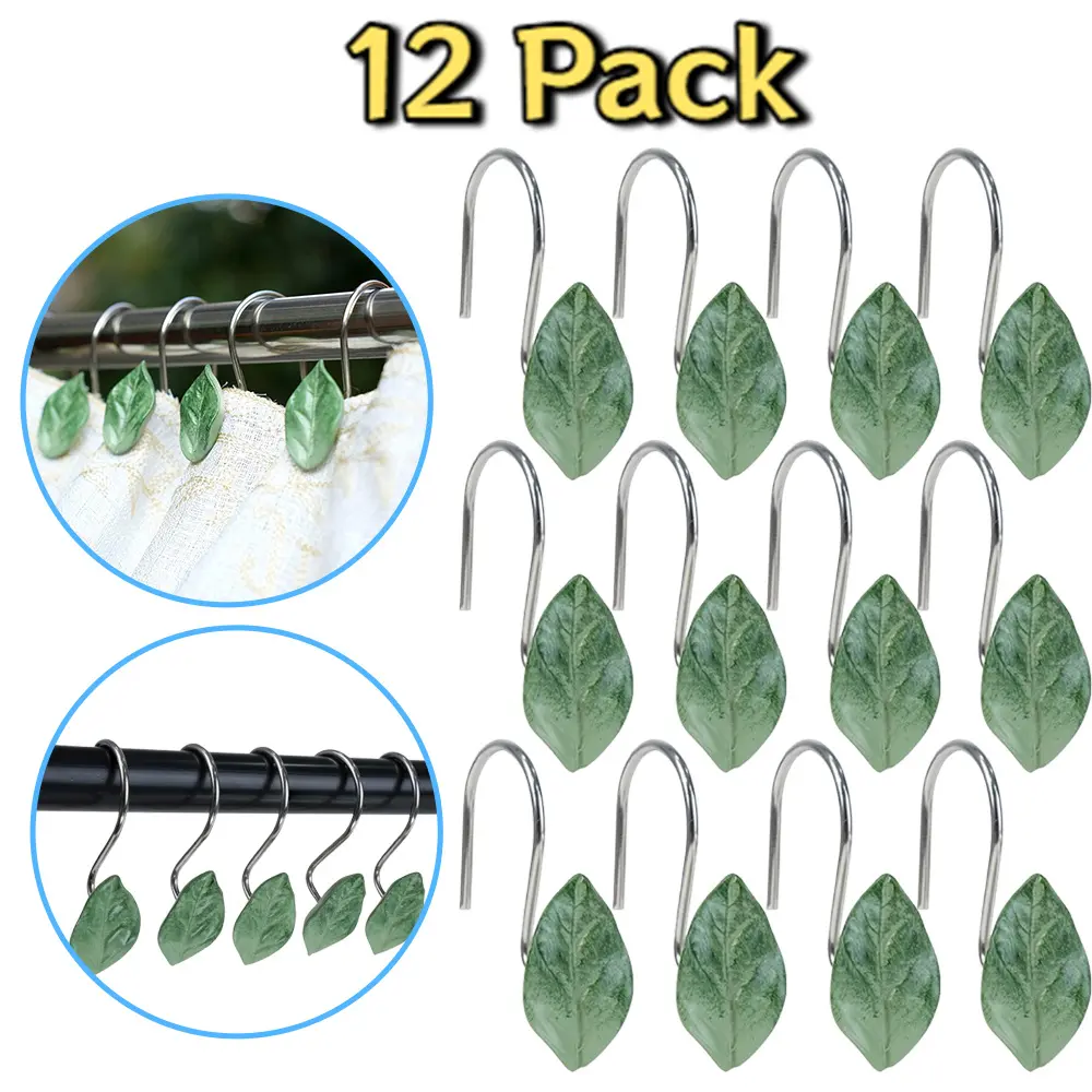 12 Pcs Leaves Shower Curtain Hooks Set,Decorative Shower Curtain Rings,Rustproof Stainless Steel Green Plant Leaf Shower Hooks for Bathrom Home Decor,Christmas Party Gifts,Hand Tools Kits