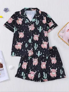 Children's pajamas 2 sets of cute little yak printed children's pajamas for girls and boys, new for summer 202, flame retardant, thin short-sleeved shorts 2 sets of pajamas for children can be worn outside as home clothes 2 sets of Pajama Lounge Sets