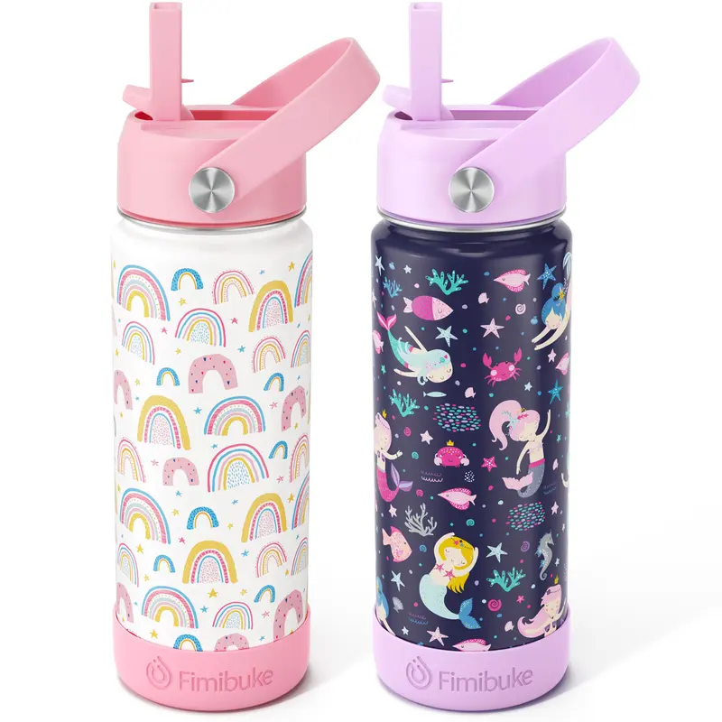 Fimibuke Insulated Portable Water Flask - 18oz Bisphenol A (BPA)-Free 18/8 Stainless Steel Bottle with Straw, Double Wall Insulation, Leak-Proof, 12h Hot, 500-1,000 ml Range, 14oz White/Green Dinosaur Options, for School Camping