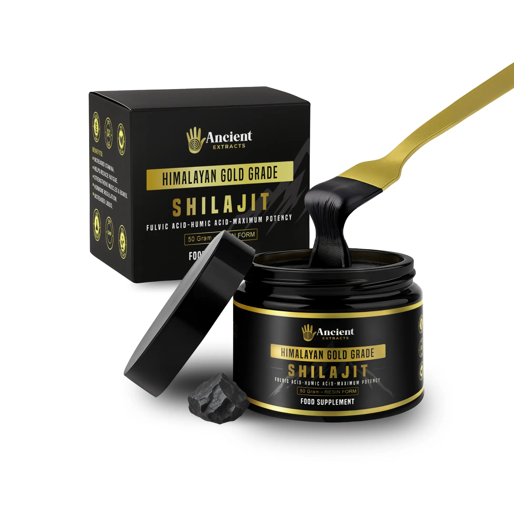 Ancient Extracts Himalayan Gold Grade Edible Shilajit Resin Bottle, 50g - 100-Day Supply, Vegan, Allergen-Free (Gluten, GMO, Sugar, Dairy), 80% Fulvic Acid Dietary Immune Support Herbal Mineral Supplement