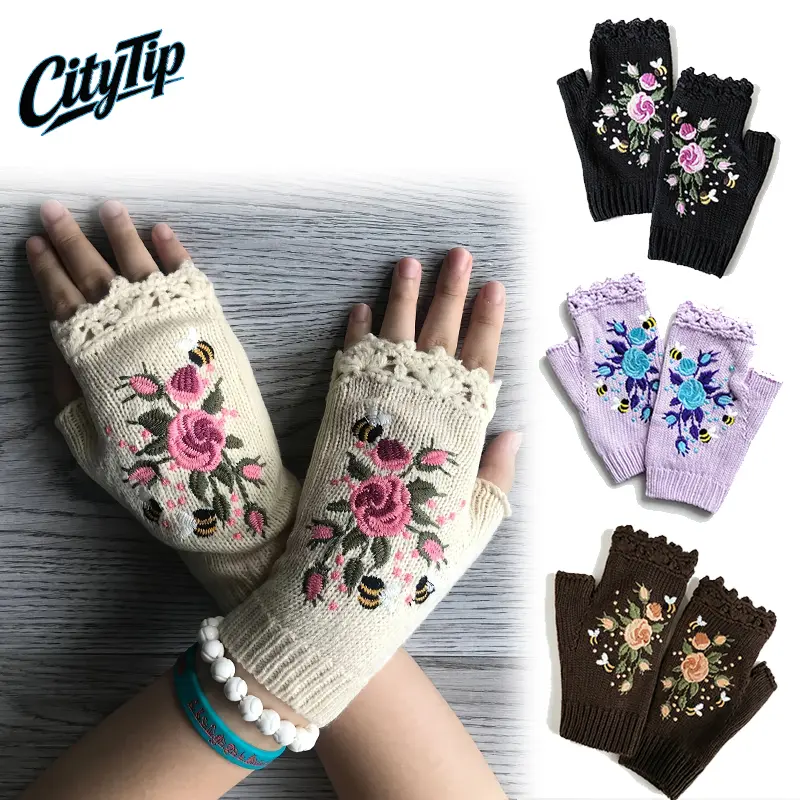 Women’s Unisex Crochet Fingerless Gloves - Floral Pattern Embroidery, Bee Detail, Cozy Knit Arm Warmers, Vintage Cottagecore Winter Hand Warmers, Fall Winter Outfit Christmas Gift Sports Accessories