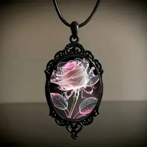 2026 New European and American Hot Selling Pink Transparent Petal Rose Pattern Glass Pendant Necklace for Women