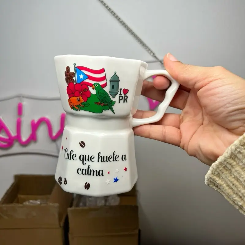 Puerto Rican Pride Mug "Cafe que huele a calma" I Love PR Design Unique Coffee Cup for Coffee Lovers with Iconic Flag Artwork