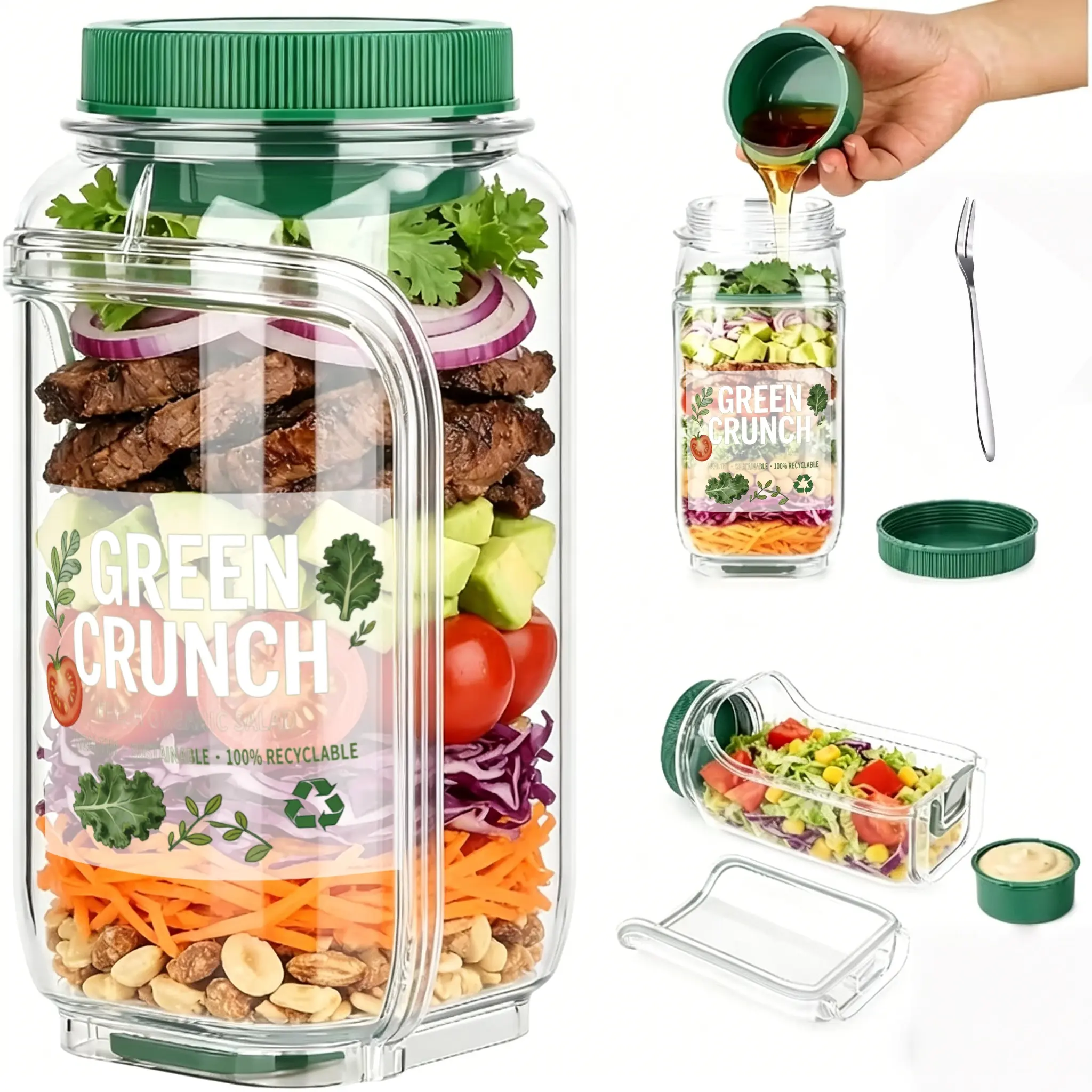 【Free stickers and fruit fork】Free stickers included Salad Containerr Salad Bowl with Side Opening & Dressing Compartment Leak-Proof Portable Container Microwave & Dishwasher Safe for Home Office Travel bento box #dealsforyoudays