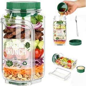 【Free stickers and fruit fork】Free stickers included Salad Containerr Salad Bowl with Side Opening & Dressing Compartment Leak-Proof Portable Container Microwave & Dishwasher Safe for Home Office Travel bento box