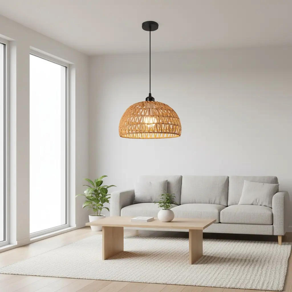 Modern Minimalist Woven Hemp Rope Pendant Light Fixture, Black Metal Frame Ceiling Lamp for Kitchen Island Dining Room