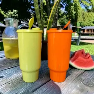 Tupperware Mega Cup Set 32 oz - Green and Blue Reusable Drinking Cups with Secure Lids for Everyday Use