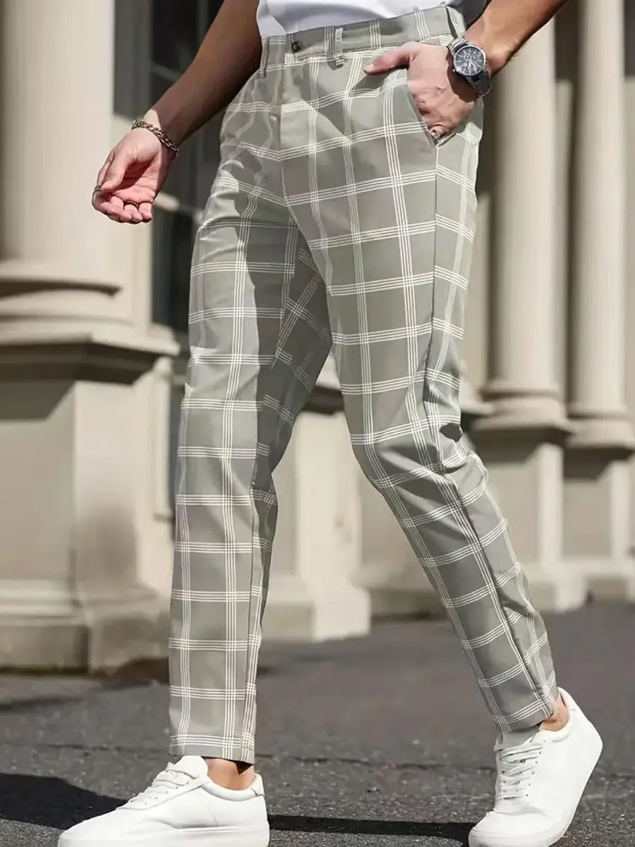 Men's Checked Plaid Grid-Print Slim-Fit Pocketed Pants - Menswear Casual Business Bottoms, Classic Polished Silhouette, Smart Vibe, All-Day Comfort, for Office Casual & Errands