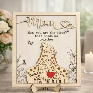 Custom Mom giraffe Puzzle Sign – "You Hold Us Together" Family Bear Sign, Unique Mother's Day Gift from Kids & Husband, Personalized Family Gift for Mom, 2 Layered