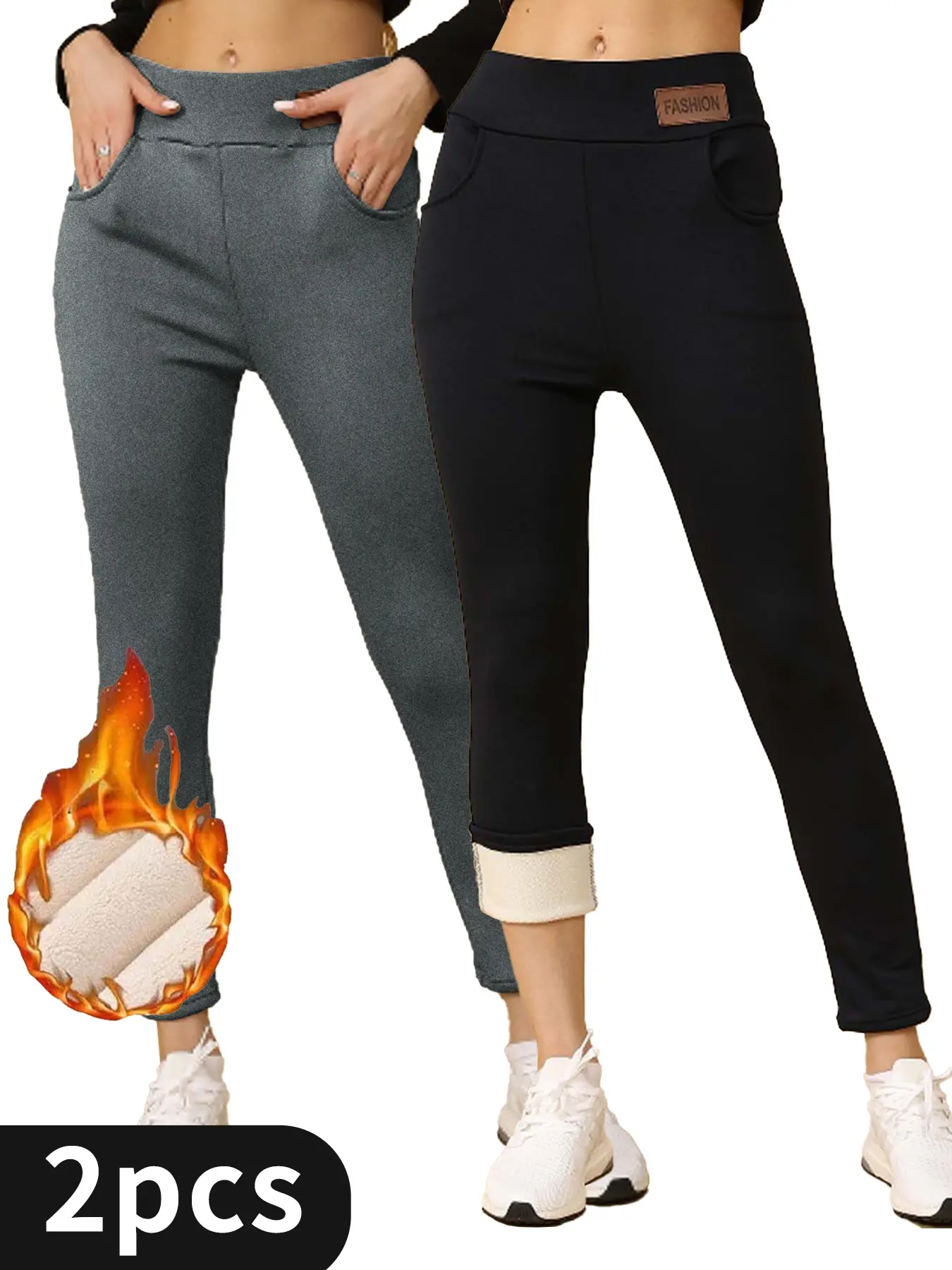 2 Pcs  Slim High Waist Sports Warm plush Pants With Pockets, Comfortable And Soft High Stretch Bottoms Athleisure Style Bottoms