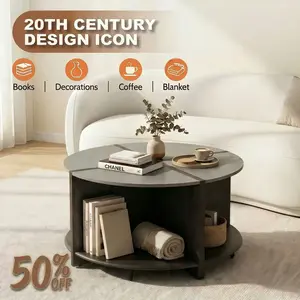4-in-1 Modular Round Coffee Table | Faux Marble Top, 2-Tier Storage, 200LBS Capacity | Modern Industrial Living Room Table