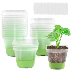 10/30pcs Plastic Square Flower Pots, Transparent Planting Nursery Pots, Reusable Breathable Silicone Bottom, Garden Supplies