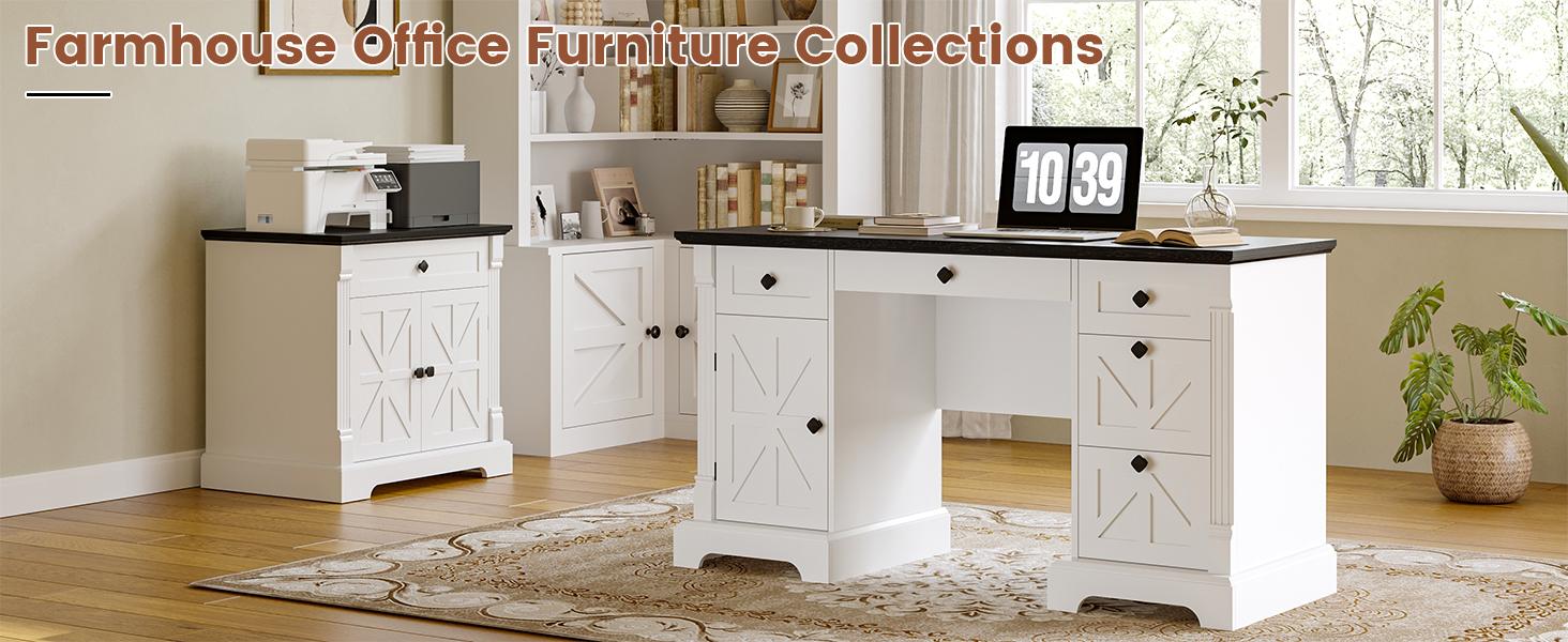 55" Office Desk with Drawers, Farmhouse Executive Desk with Charging Station, Hidden Cabinet, File Cabinet Storage, Wood Computer Desk with 5 Drawers for Work Study Writing, White